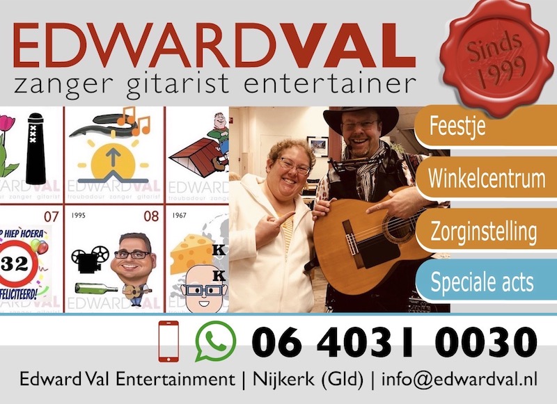 Speciale acts groepsactiviteit sing along meezingen hulde ode in zonnetje zetten troubadour zanger gitarist edward val kerstact zingende kerstman boeken