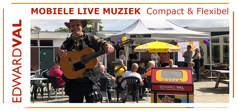 Mobiel optreden zanger gitarist troubadour terras buiten vereniging feest edward val rondlopende muzikant bedrijfsuitje sfeer