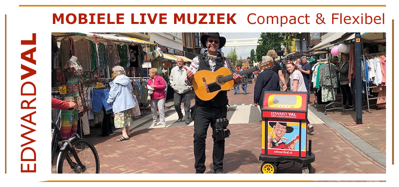 Troubadour zanger gitarist mobiel optreden boeken edward val markt winkelcentrum braderie straat buurt feest rondlopende muzikant