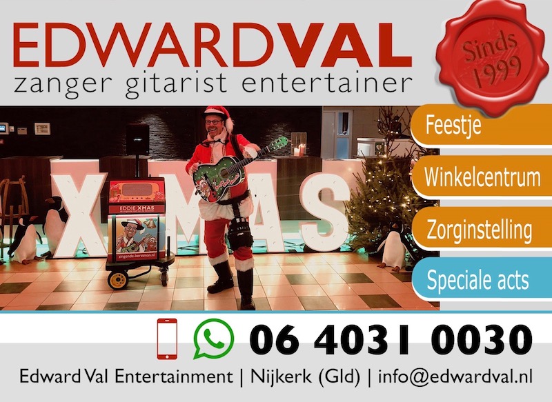 kerstact zingende kerstman eddie xmas zanger gitarist singing santa mobiel optreden winkelcentrum kerstborrel